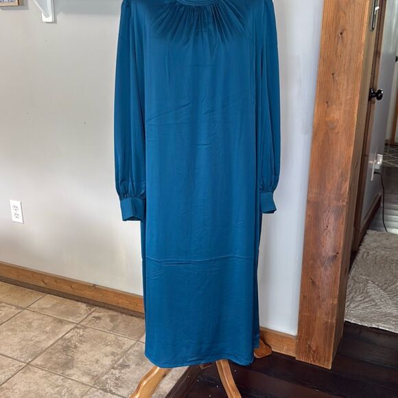 Misook satin pleated midi dress size XL teal missing belt bishop sleeves shift s - Picture 1 of 12